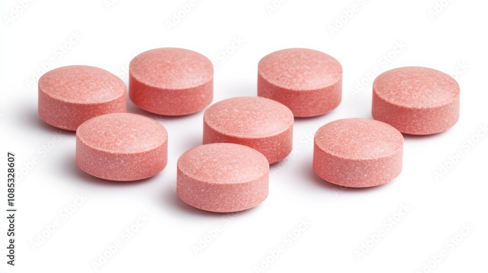 Pink Round Pills: A close-up shot of eight round, pink pills, arranged in a simple yet visually appealing formation, evokes a sense of medical precision and care. Pink Round Pills: A close-up shot of eight round, pink pills, arranged in a simple yet visually appealing formation, evokes a sense of medical precision and care.
