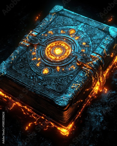 Mystical ancient book with glowing runes and fiery aura, radiating magical energy in a dark, mysterious setting.