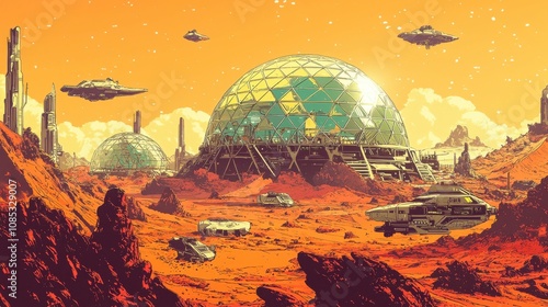 Futuristic Mars colony with geodesic domes and flying saucers against a vibrant orange sky, depicting an imaginative sci-fi landscape.