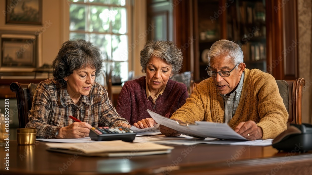 Senior Friends Collaborating on Financial Planning Documents at a Cozy Table in a Bright, Well-Lit Room Surrounded by Books and History Senior Friends Collaborating on Financial Planning Documents at a Cozy Table in a Bright, Well-Lit Room Surrounded by Books and History