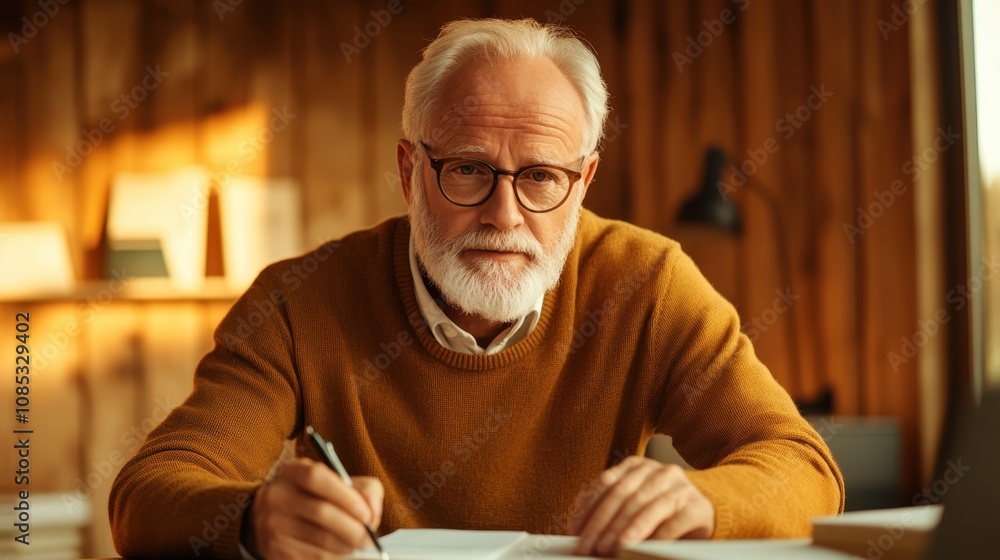 Thoughtful senior man writing notes in a cozy library setting with wood paneling, wearing glasses and an orange sweater, reflecting wisdom and creativity in his peaceful study space Thoughtful senior man writing notes in a cozy library setting with wood paneling, wearing glasses and an orange sweater, reflecting wisdom and creativity in his peaceful study space