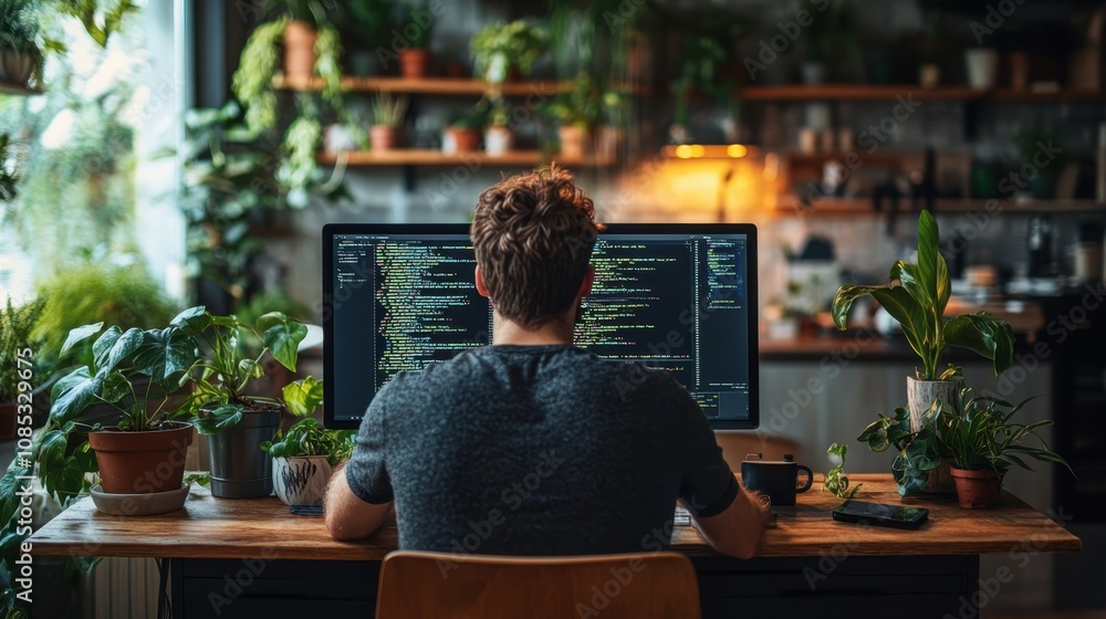 A Young Man Working on a Computer Surrounded by Lush Green Plants in a Cozy Home Office, Engaging in Coding and Software Development Tasks A Young Man Working on a Computer Surrounded by Lush Green Plants in a Cozy Home Office, Engaging in Coding and Software Development Tasks
