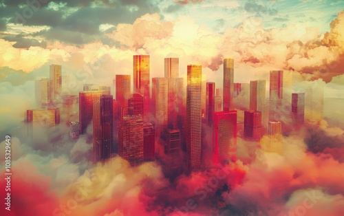 Surreal cityscape with skyscrapers emerging from vibrant clouds at sunset, creating a dreamlike urban landscape bathed in golden light.