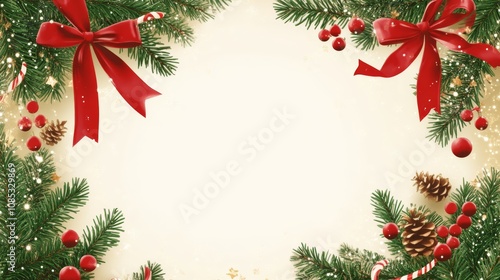 Wallpaper Mural Christmas Festive Frame: A charming Christmas frame, adorned with lush evergreen branches, sparkling red bows, candy canes, pinecones, and glistening berries. Torontodigital.ca