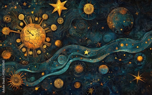 Whimsical cosmic artwork depicting a surreal night sky with golden celestial bodies, swirling patterns, and intricate clockwork elements.