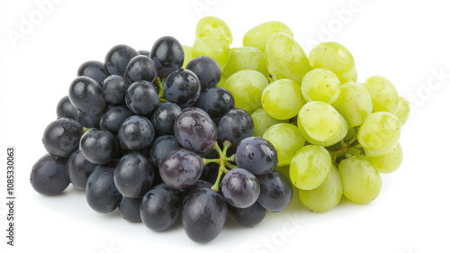 A vibrant display of black and green grapes, showcasing their rich colors and fresh appearance, perfect for healthy snacking or adding to dishes.