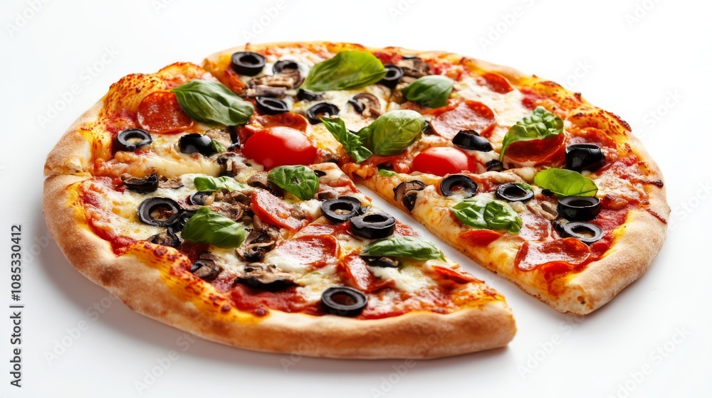 Pizza Perfection: A freshly baked, mouthwatering pizza with a crispy crust and a tempting assortment of toppings, ready to be devoured. It's the perfect image for any food-related project or design. Pizza Perfection: A freshly baked, mouthwatering pizza with a crispy crust and a tempting assortment of toppings, ready to be devoured. It's the perfect image for any food-related project or design.
