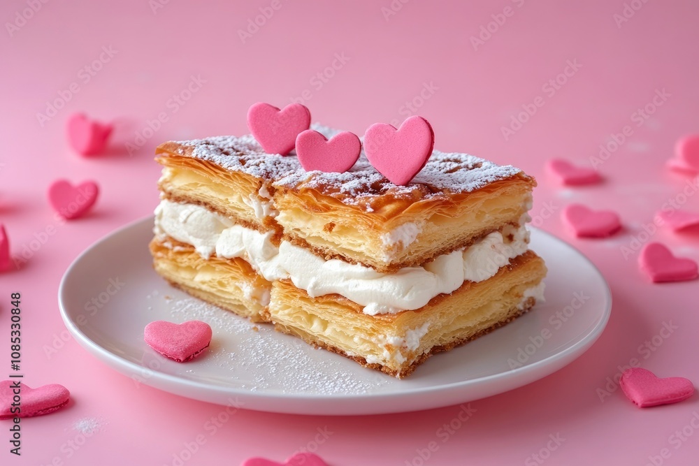 French Mille Feuille cake with vanilla cream decorated with hearts on a pink background for Valentine's day French Mille Feuille cake with vanilla cream decorated with hearts on a pink background for Valentine's day