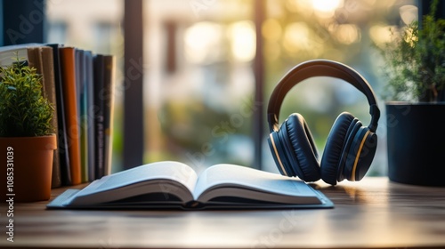 Audiobooks and Open Book on Desk  photo