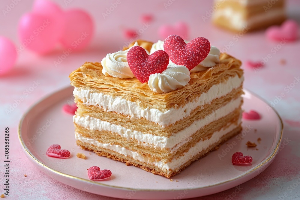 French Mille Feuille cake with vanilla cream decorated with hearts on a pink background for Valentine's day French Mille Feuille cake with vanilla cream decorated with hearts on a pink background for Valentine's day