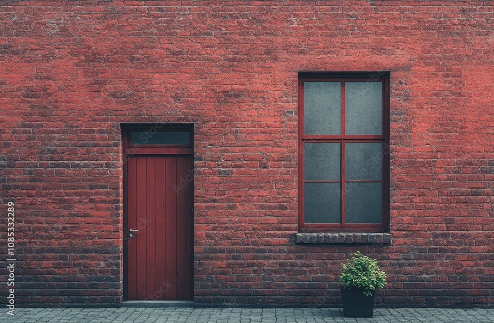 red brick wall with a door, simple architecture, red bricks, red walls, minimalist style red brick wall with a door, simple architecture, red bricks, red walls, minimalist style