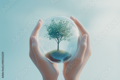 Hands gently holding a transparent globe with a small tree inside. Concept of sustainability.