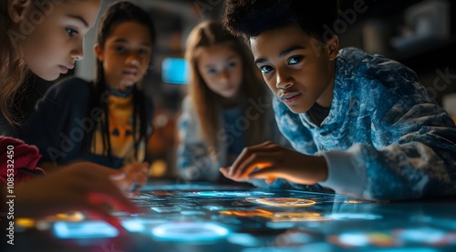 Wallpaper Mural A group of children engages with a touch-sensitive display, exploring interactive elements and displaying curiosity and excitement. Torontodigital.ca