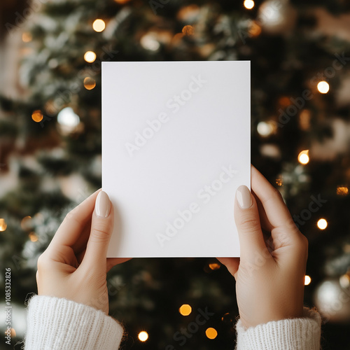 imagine a mockup for a 13x18 cm white blank christmas card. a Woman is Holding the card infront of the christmas tree. you can only See the card and her hands in a Close up.  photo