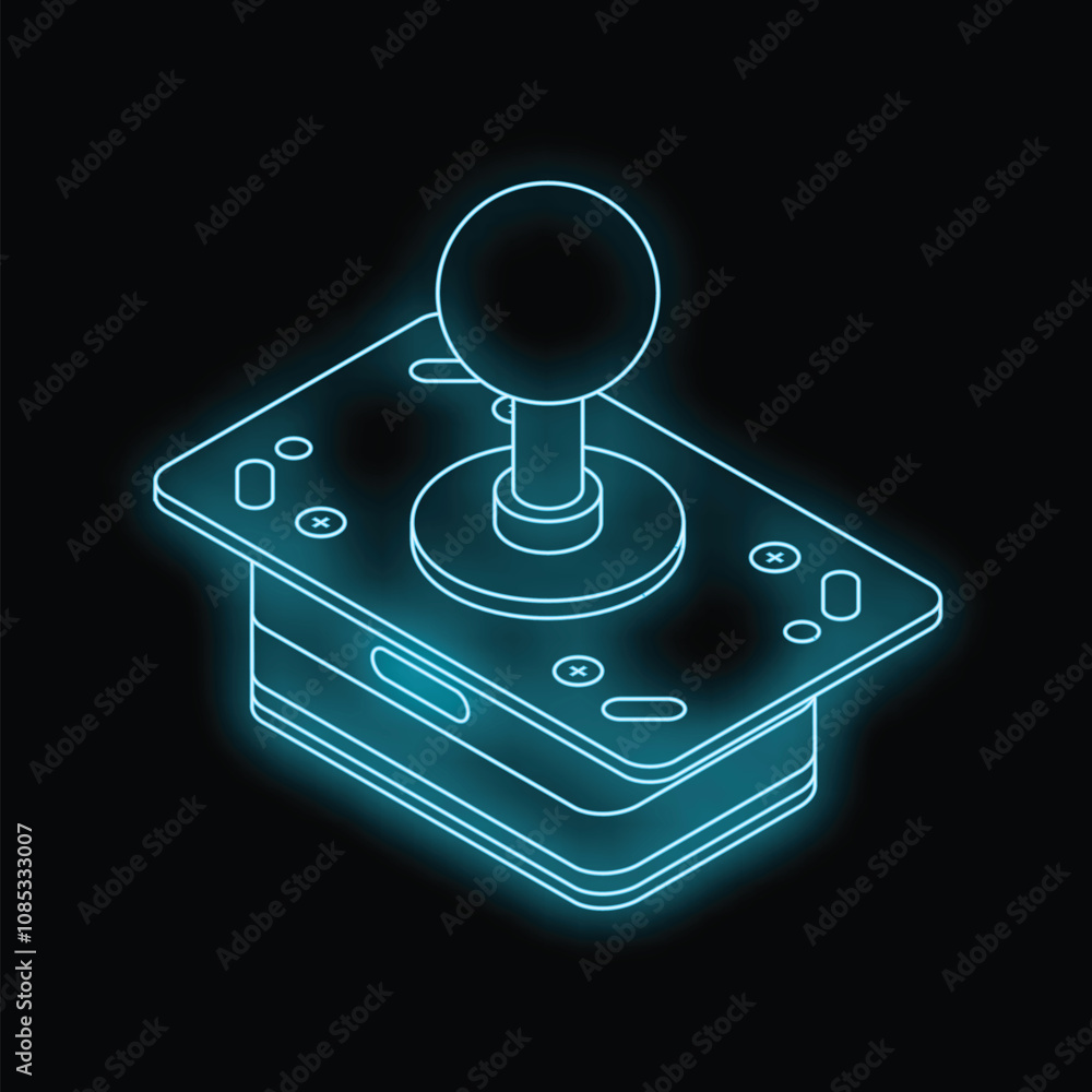 Neon blue outline of a retro arcade game joystick over a black background Neon blue outline of a retro arcade game joystick over a black background