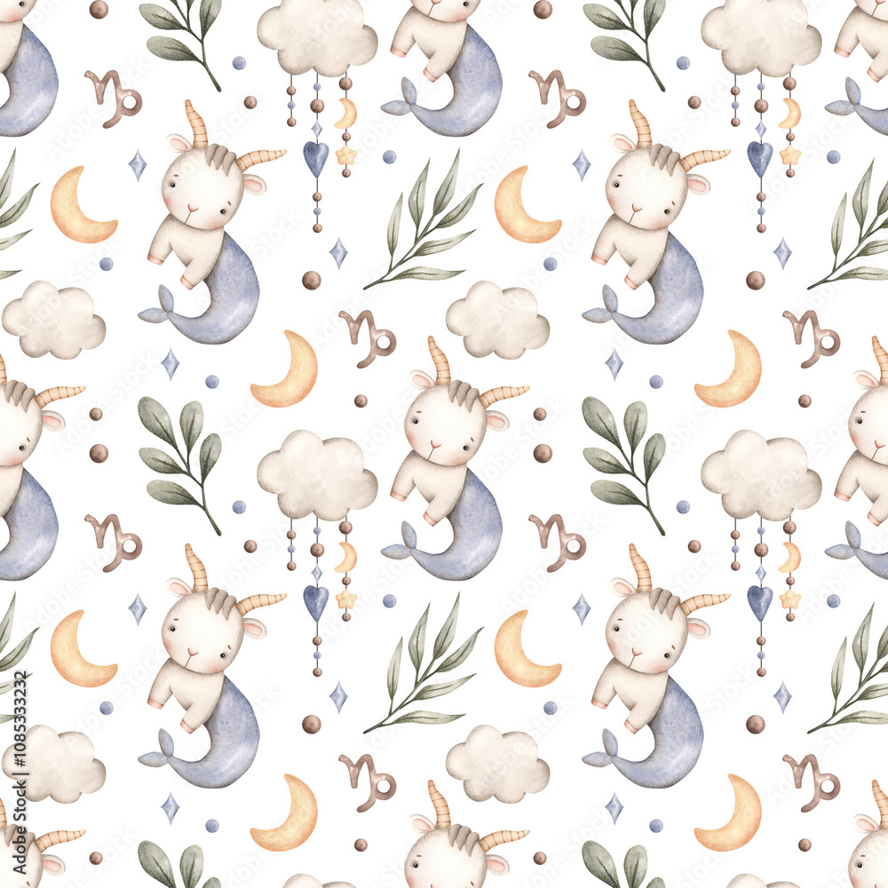 Zodiac watercolor hand-drawn seamless pattern with baby capricorn. Cute cartoon print for kids clothing, textiles, bed linen Zodiac watercolor hand-drawn seamless pattern with baby capricorn. Cute cartoon print for kids clothing, textiles, bed linen