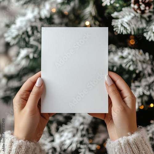 imagine a mockup for a 13x18 cm white blank christmas card. a Woman is Holding the card infront of the christmas tree. you can only See the card and her hands in a Close up.  photo