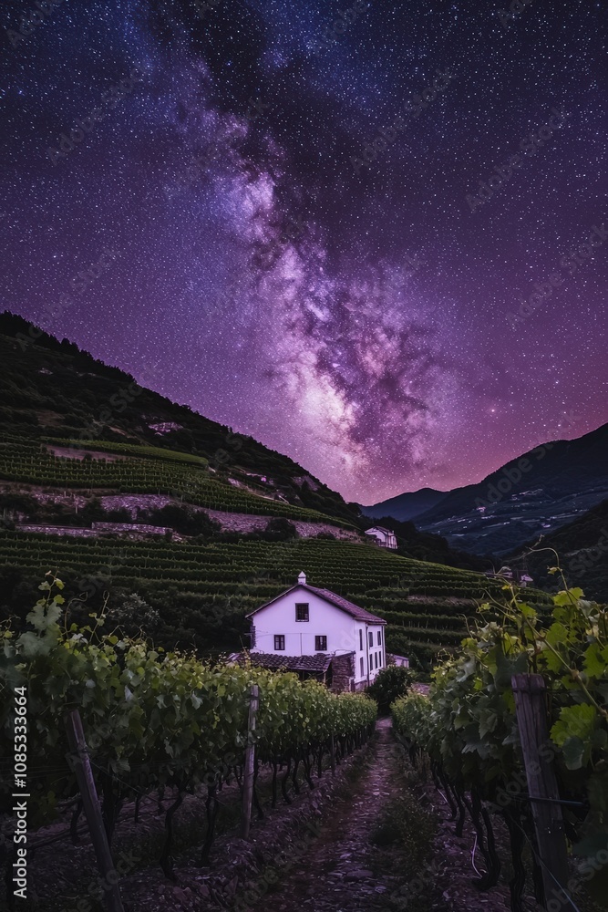 Serene vineyard house under a breathtaking night sky, Milky Way galaxy visible, tranquil landscape. Serene vineyard house under a breathtaking night sky, Milky Way galaxy visible, tranquil landscape.