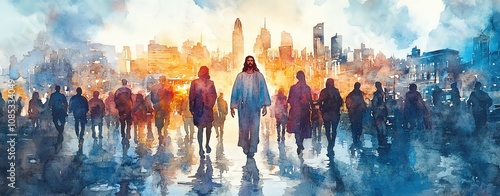 Jesus Christ standing at the center of a radiant meadow, holding hands with a diverse group of people of all ages and ethnicities, their faces glowing with warmth and unity