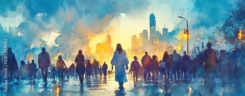 Jesus Christ standing at the center of a radiant meadow, holding hands with a diverse group of people of all ages and ethnicities, their faces glowing with warmth and unity