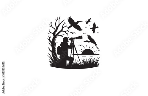 bird watching silhouette vector illustration outline logo