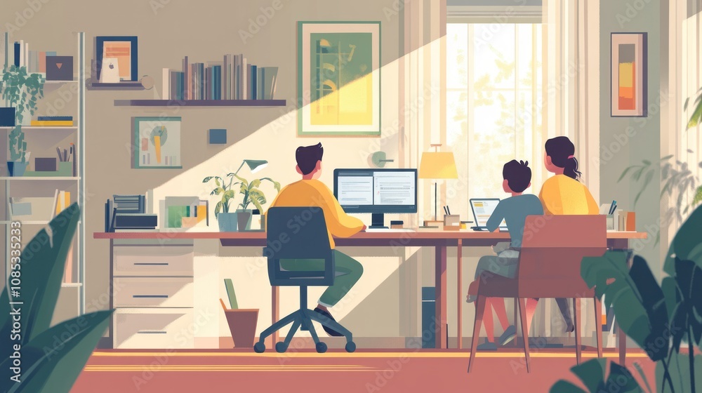 A family working together at their home office desk A family working together at their home office desk