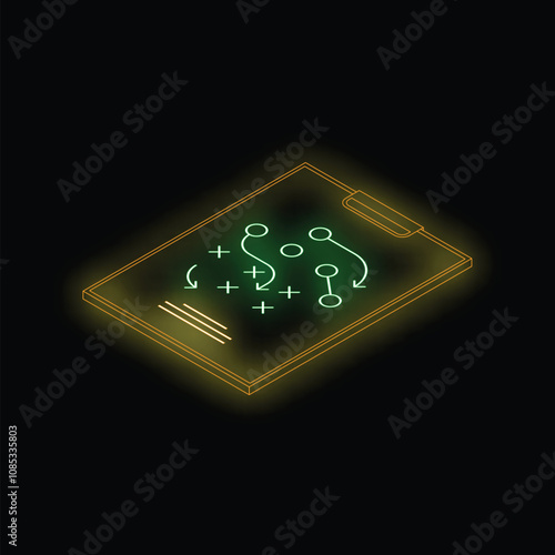 Glowing neon line clipboard with tactics scheme for sportsman icon isolated on black background