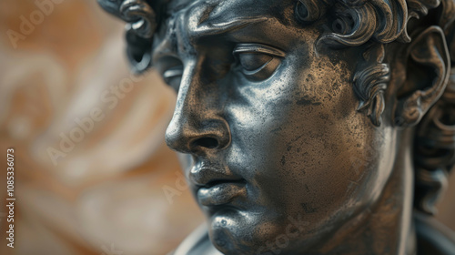 Detailed close-up of a bronze statue showcasing intricate curls and a timeless expression, blending classical artistry with a metallic finish