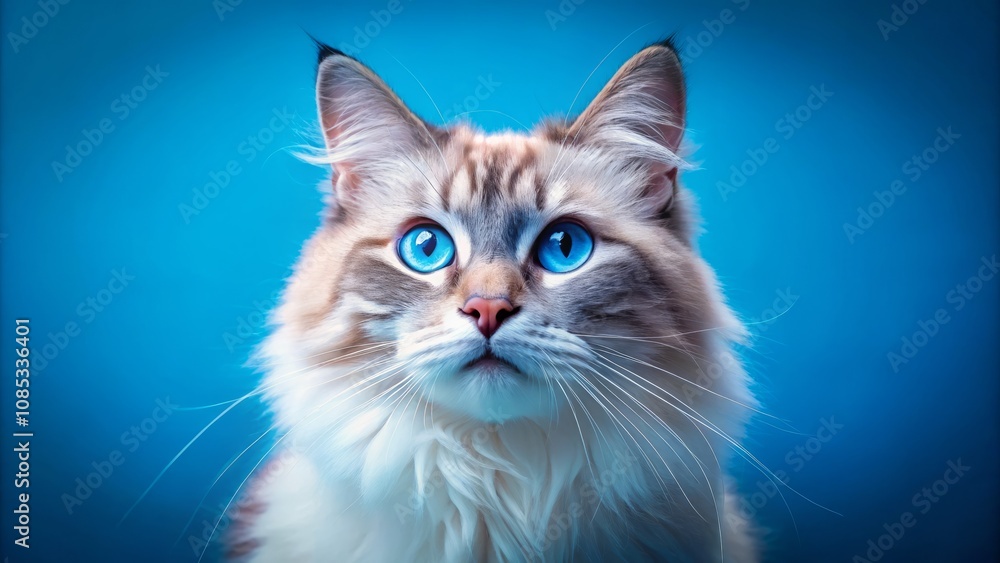 Fluffy Cat with Striking Blue Eyes Gazing Upward Against Vibrant Blue Background in Minimalist Photography Style Fluffy Cat with Striking Blue Eyes Gazing Upward Against Vibrant Blue Background in Minimalist Photography Style