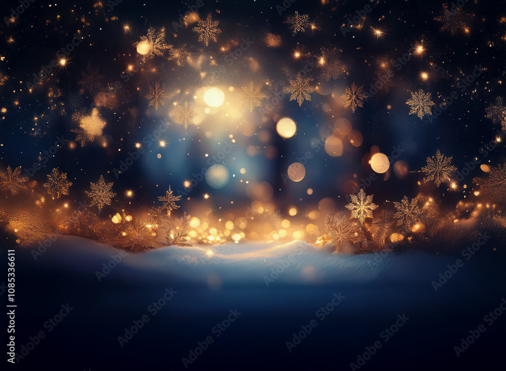 Magical winter scene. Glowing lights and snowflakes softly fall onto a snowy landscape. Dark blue and gold tones create a dreamy, festive atmosphere. Magical winter scene. Glowing lights and snowflakes softly fall onto a snowy landscape. Dark blue and gold tones create a dreamy, festive atmosphere.