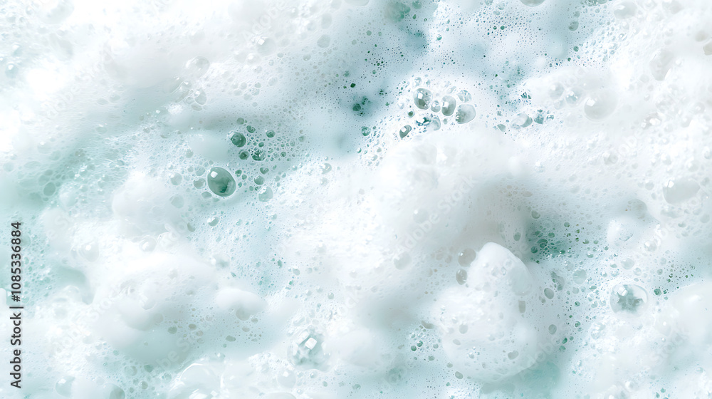 Obraz premium Bubbles and foam create abstract pattern in soft white and green hues, evoking sense of freshness and tranquility