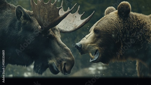 A Moose and a Bear Face Off in the Wilderness photo