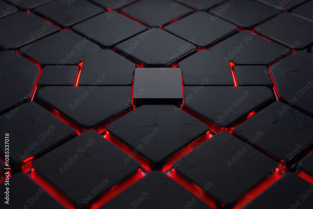 futuristic black tile surface with glowing red accents creates striking visual. central tile stands out, enhancing modern aesthetic futuristic black tile surface with glowing red accents creates striking visual. central tile stands out, enhancing modern aesthetic