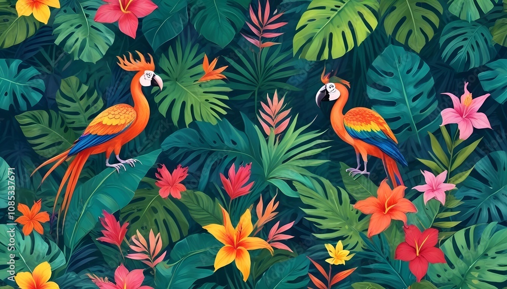 Tropical exotic pattern with animal and flowers in bright colors and lush vegetationn Tropical exotic pattern with animal and flowers in bright colors and lush vegetationn