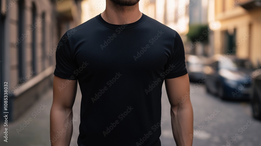Close-up of a man's torso, showcasing a simple black t-shirt. The urban backdrop adds a touch of casual sophistication. Close-up of a man's torso, showcasing a simple black t-shirt. The urban backdrop adds a touch of casual sophistication.