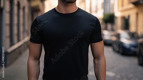 Close-up of a man's torso, showcasing a simple black t-shirt. The urban backdrop adds a touch of casual sophistication.