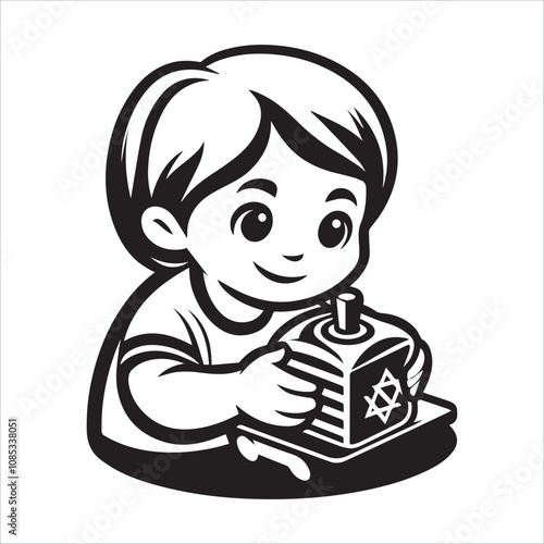 Joyful Child Holding Dreidel, Celebrating Hanukkah. Cute black and white illustration of a young child sitting and holding a dreidel.