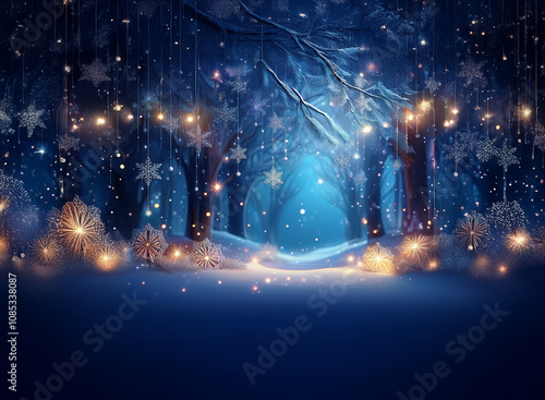 Enchanted winter forest scene.  Snow-covered trees glisten under a magical, starlit night.  Warm lights illuminate a path through the frosty wonderland. photo