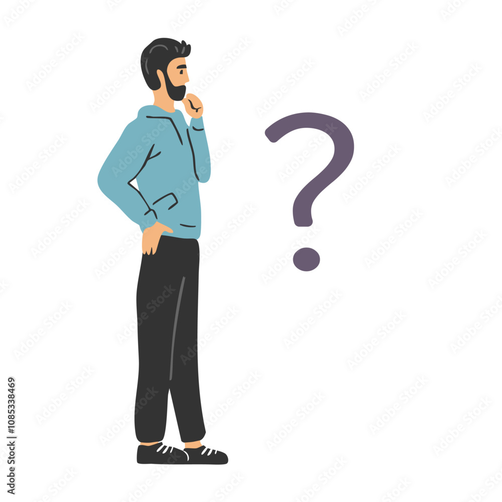 A young man faces a question. Dilemma, problem and search for a solution. Difficulty of choice. Flat vector illustration isolated on white A young man faces a question. Dilemma, problem and search for a solution. Difficulty of choice. Flat vector illustration isolated on white