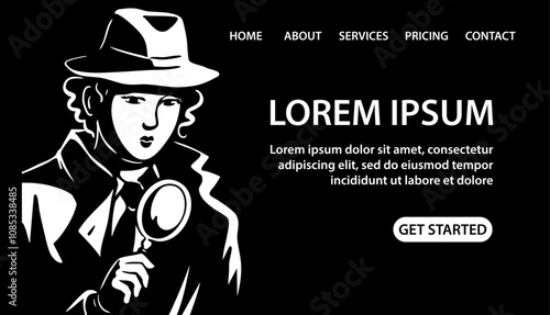 Young woman detective wearing a hat and a magnifying glass in his hand. Retro style. Search, investigation and evidence. Agent spy. Vector black and white illustration. Banner and website