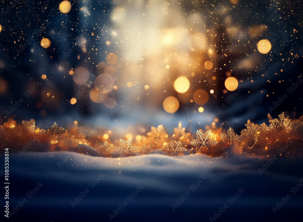Obraz premium Magical winter scene with glowing lights and snowflakes on a snowy landscape. A mystical, dreamy ambiance.