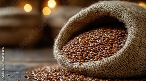 Brown flax seeds spilling from burlap sack on wooden surface.