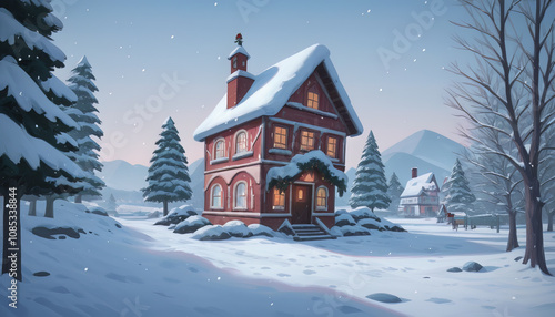 Wallpaper Mural A cozy, super charming log cabin illuminated with warm lights, nestled in a snowy forest at dusk, evoking a peaceful holiday retreat. Torontodigital.ca