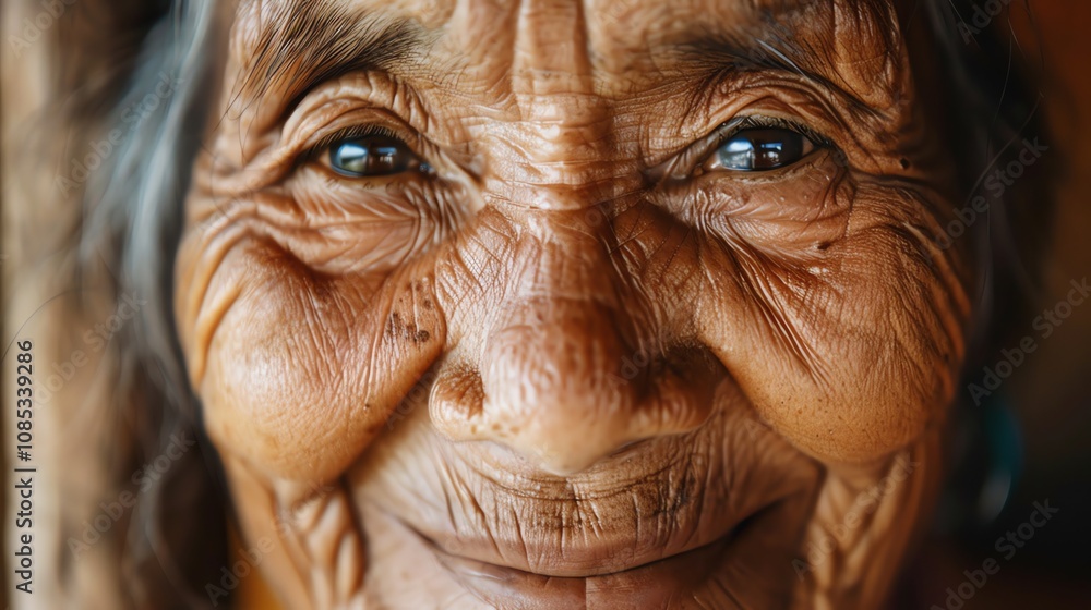 An elderly woman with wrinkles and grey hair smiles at the camera.