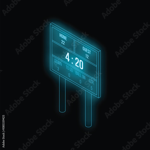 Isometric view of a glowing neon blue sports scoreboard showing the current score and time remaining in the game