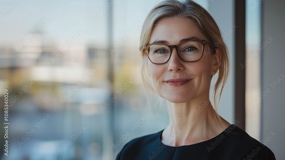 Confident Businesswoman Smiling in Modern Office Setting with Natural Light Streaming Through Large Windows Confident Businesswoman Smiling in Modern Office Setting with Natural Light Streaming Through Large Windows
