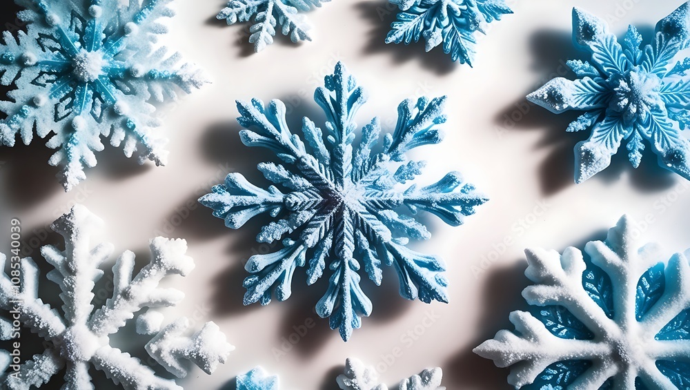 Intricate Frosted Snowflakes in White and Icy Blue with Delicate Crystalline Details Intricate Frosted Snowflakes in White and Icy Blue with Delicate Crystalline Details