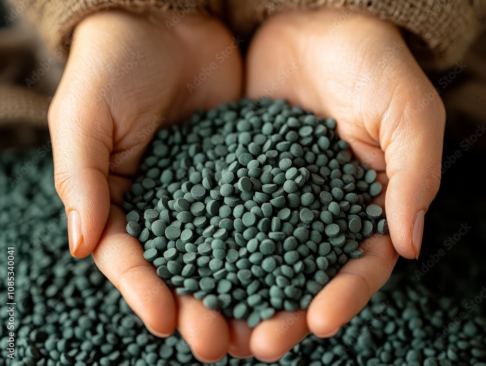 Green Plastic Pellets in Hands Green Plastic Pellets in Hands
