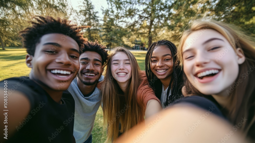 Group Selfie in the Park: Five diverse young friends, radiating joy and laughter, capture a moment of pure happiness with a selfie in a sun-drenched park. Group Selfie in the Park: Five diverse young friends, radiating joy and laughter, capture a moment of pure happiness with a selfie in a sun-drenched park.