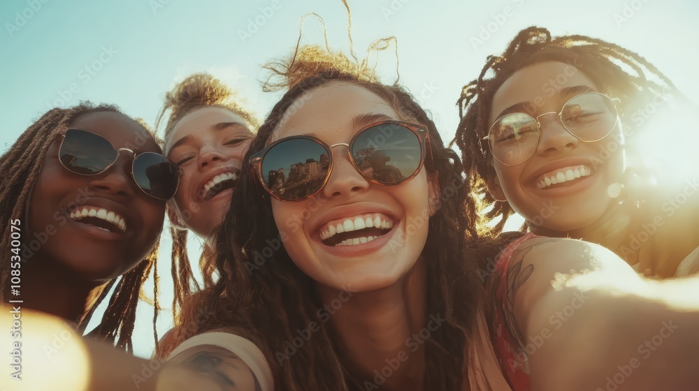 Radiant Friends: A close-up selfie captures four diverse young women, radiating joy and happiness on a sunny day. Their genuine smiles and playful energy create a vibrant and infectious mood. Radiant Friends: A close-up selfie captures four diverse young women, radiating joy and happiness on a sunny day. Their genuine smiles and playful energy create a vibrant and infectious mood.